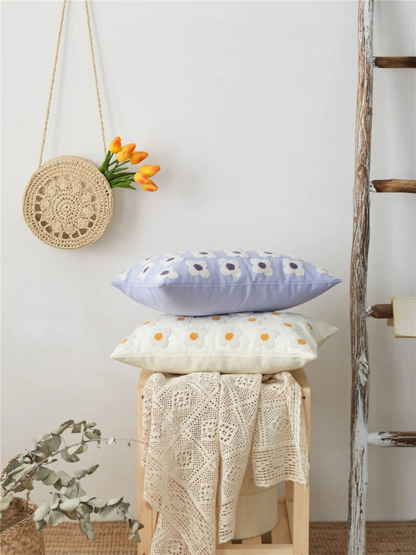 Daisy Embroidered Lumbar Pillow Cover