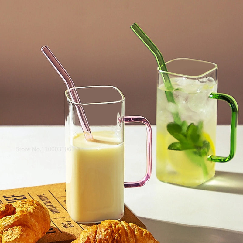 400ML Square Mug With Lids and Straws Single Colored Handle Layer Drinking  Glass Cups For Soda Iced Coffee Milk Bubble Tea Water