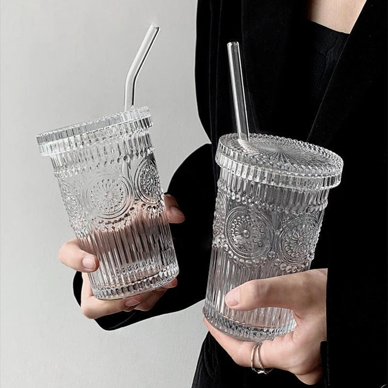 Clear Glass Tumbler Glass Tumbler With Lid and Straw Dome Lid