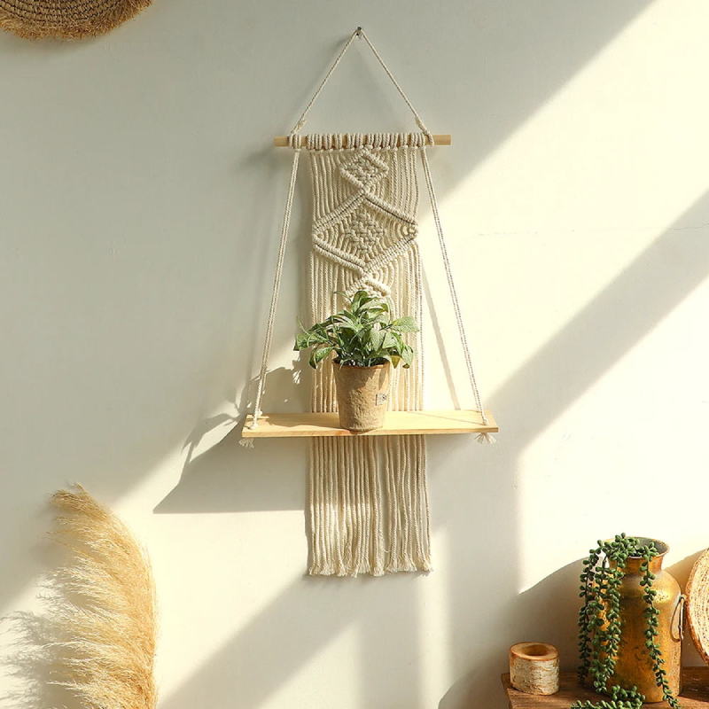 macrame hanging plant shelf Boho Macrame Hanging Wall Shelf