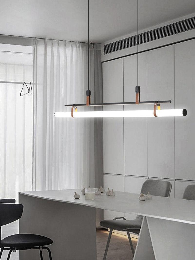 Minimal Belt LED Pendant Lamp black metal bar with frosted acrylic shade brown PU leather accent clear cord canopy
