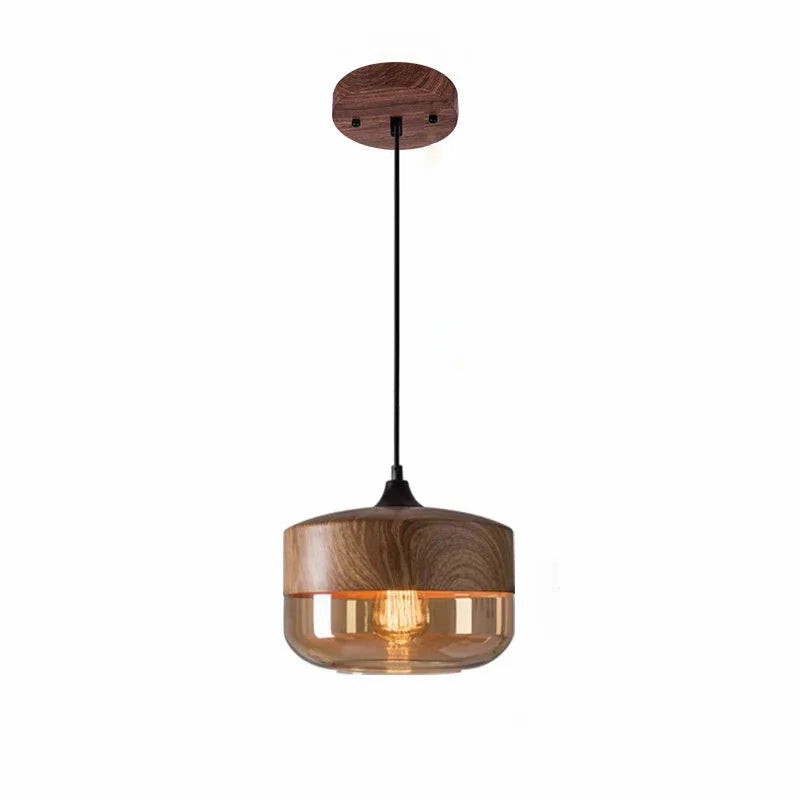 Modern industrial wood tinted glass pendant light fixture