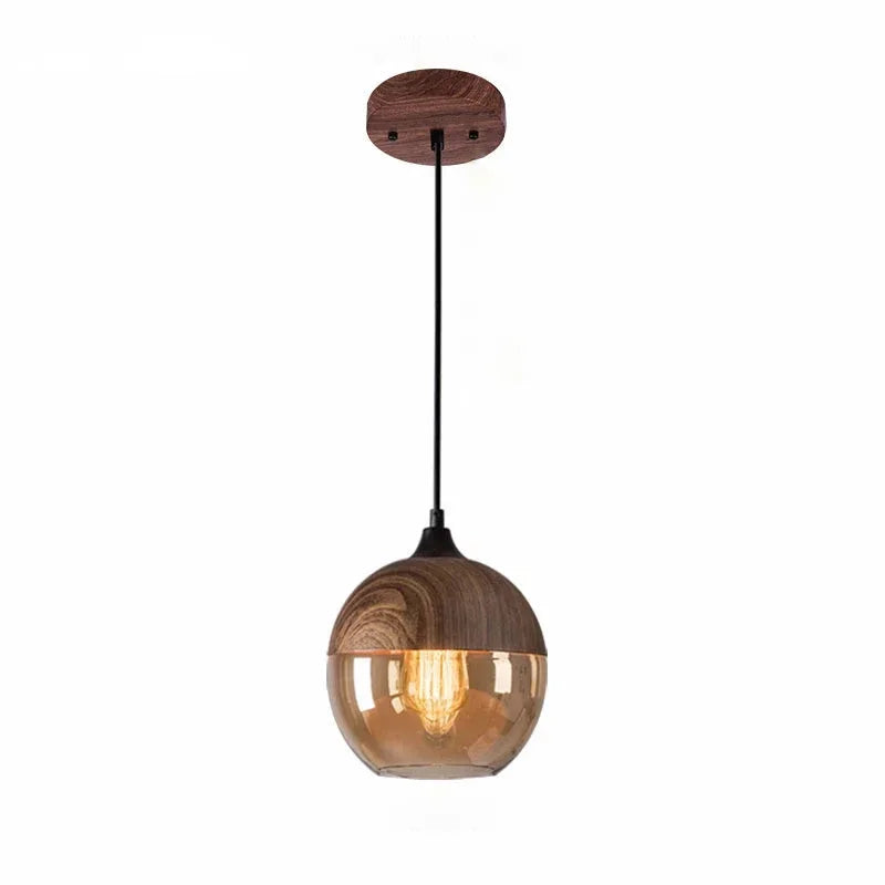 Modern industrial wood tinted glass pendant light fixture