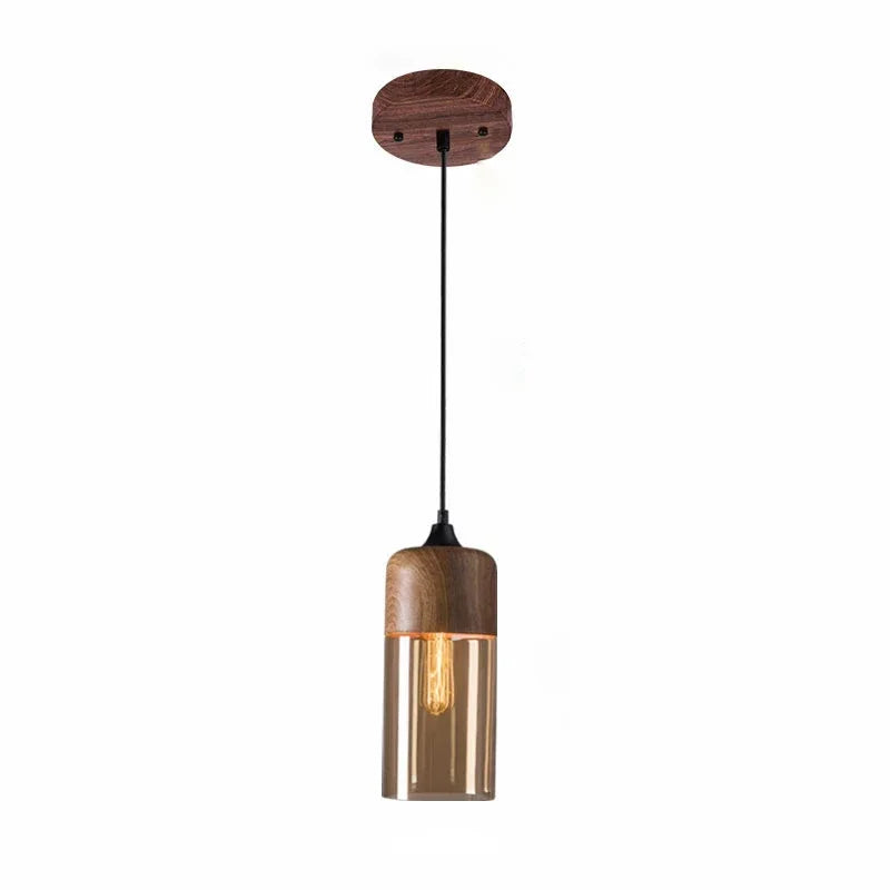 Modern industrial wood tinted glass pendant light fixture