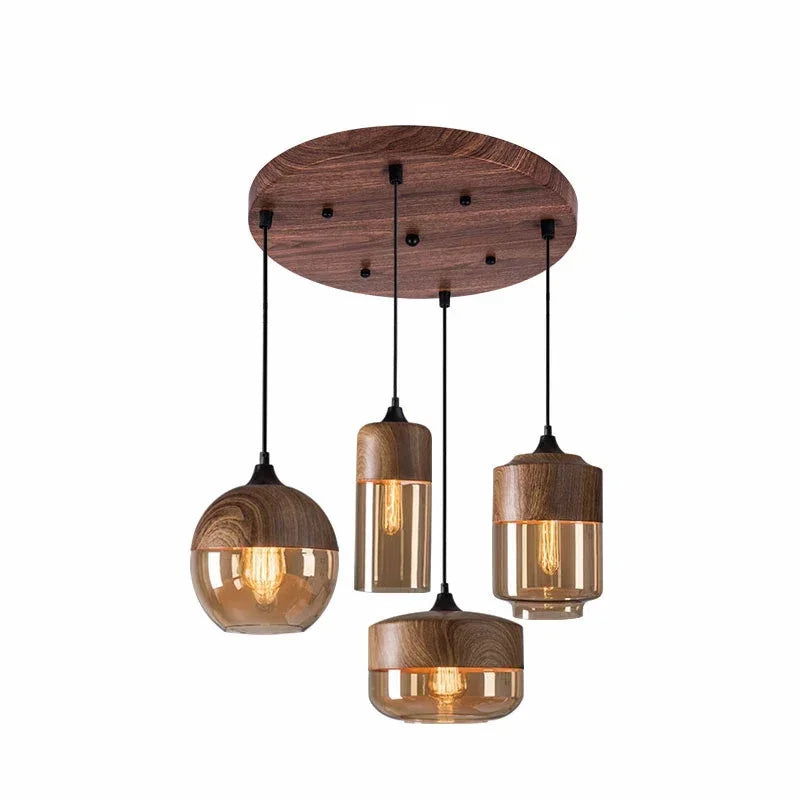 Modern industrial wood tinted glass pendant light fixture