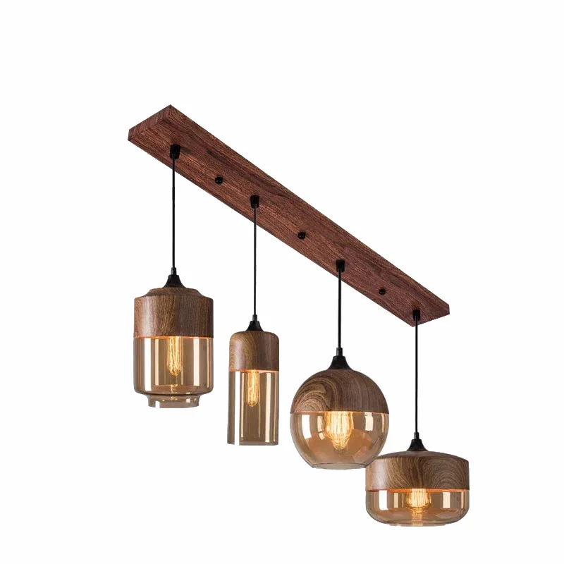 Modern industrial wood tinted glass pendant light fixture