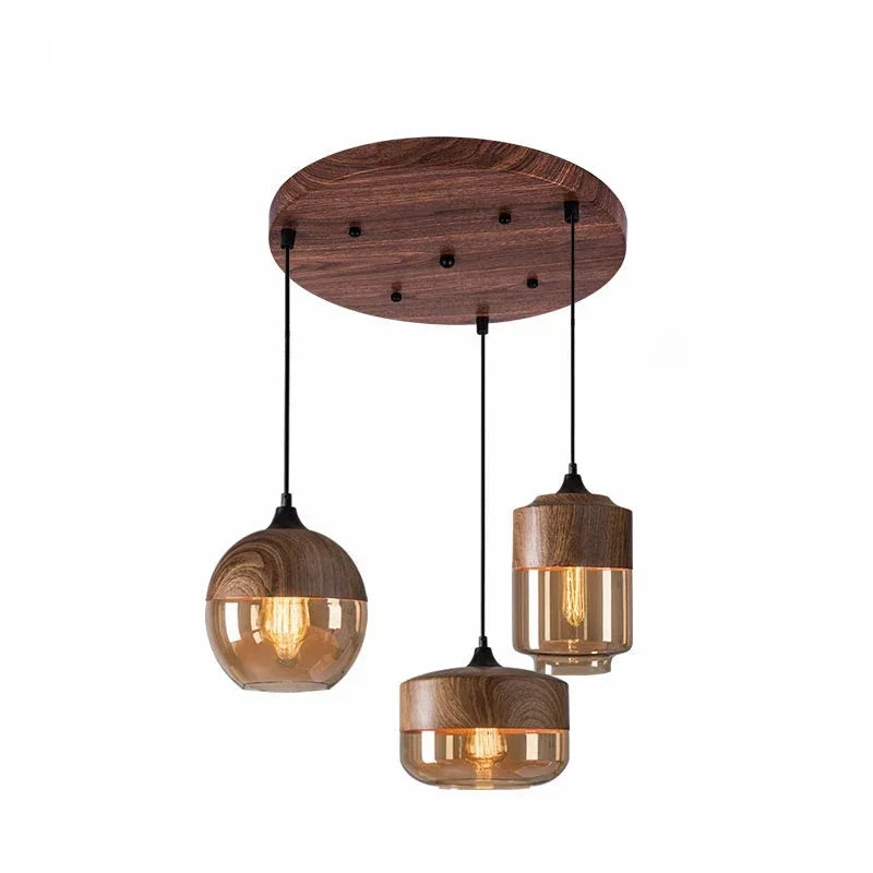 Modern industrial wood tinted glass pendant light fixture