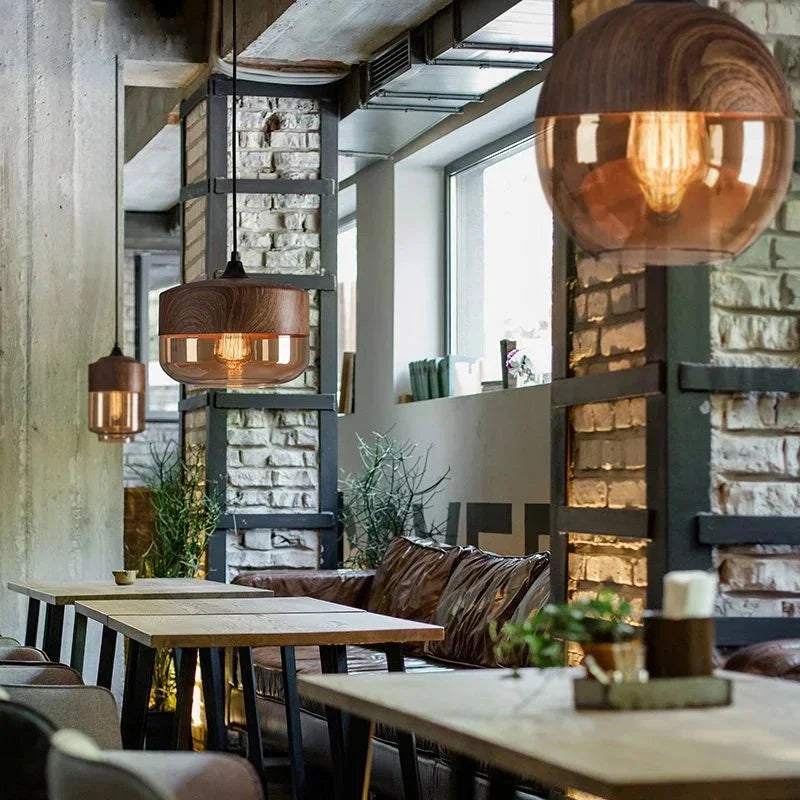 Modern industrial wood tinted glass pendant light fixture