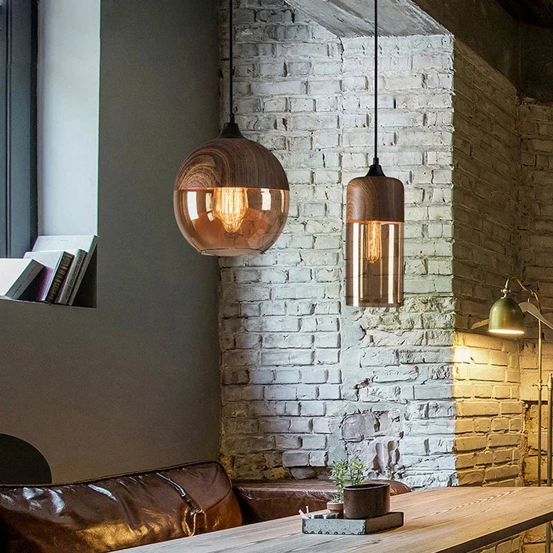 Modern industrial wood tinted glass pendant light fixture