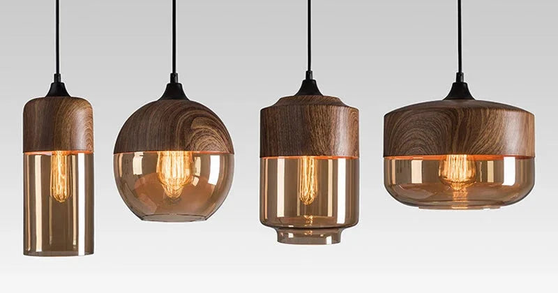 Modern industrial wood tinted glass pendant light fixture