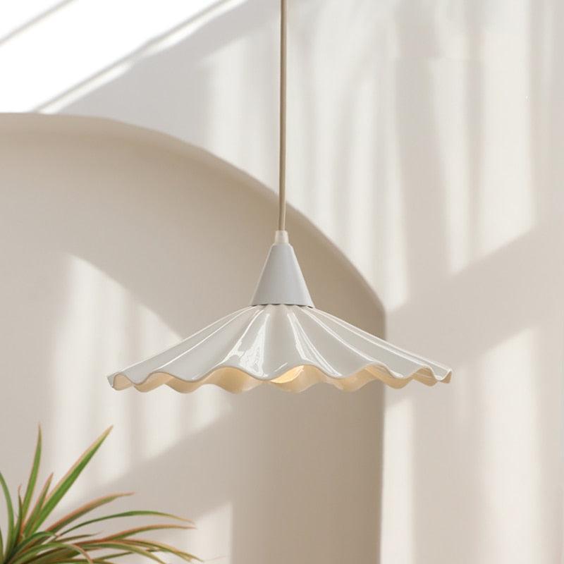 Pleated Flower Glazed Ceramic LED Pendant Light white glazed ceramic shade plated metal canopy adjustable 200cm cord 30cm dia