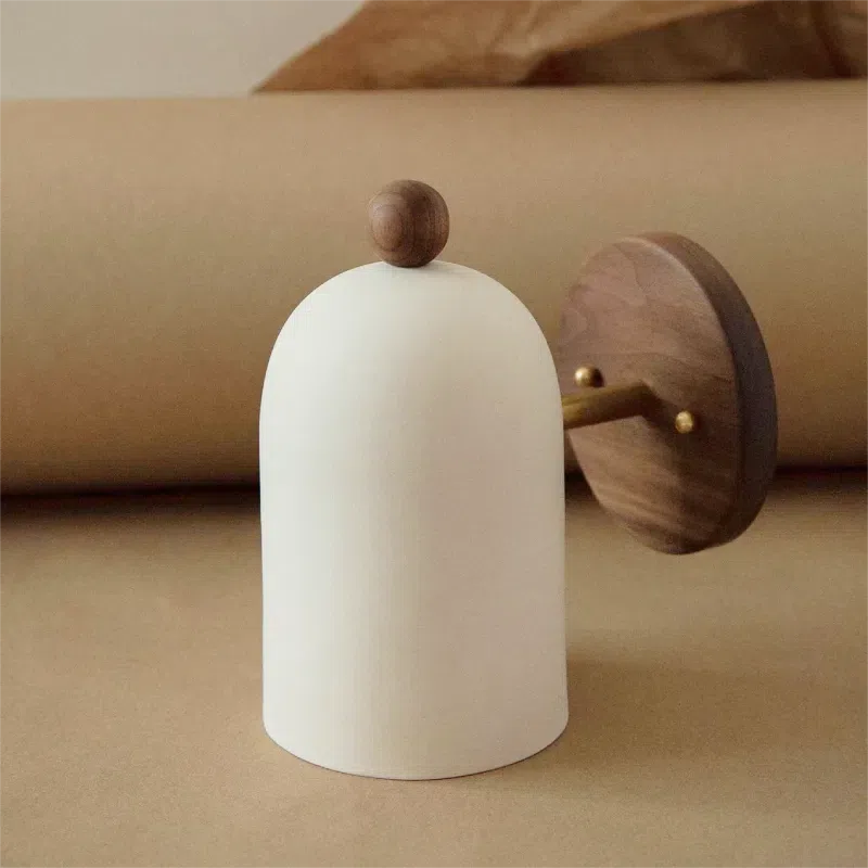 Plume Walnut Wall Light walnut backplate brushed brass arm soft white 24cm round shade E27 wall sconce