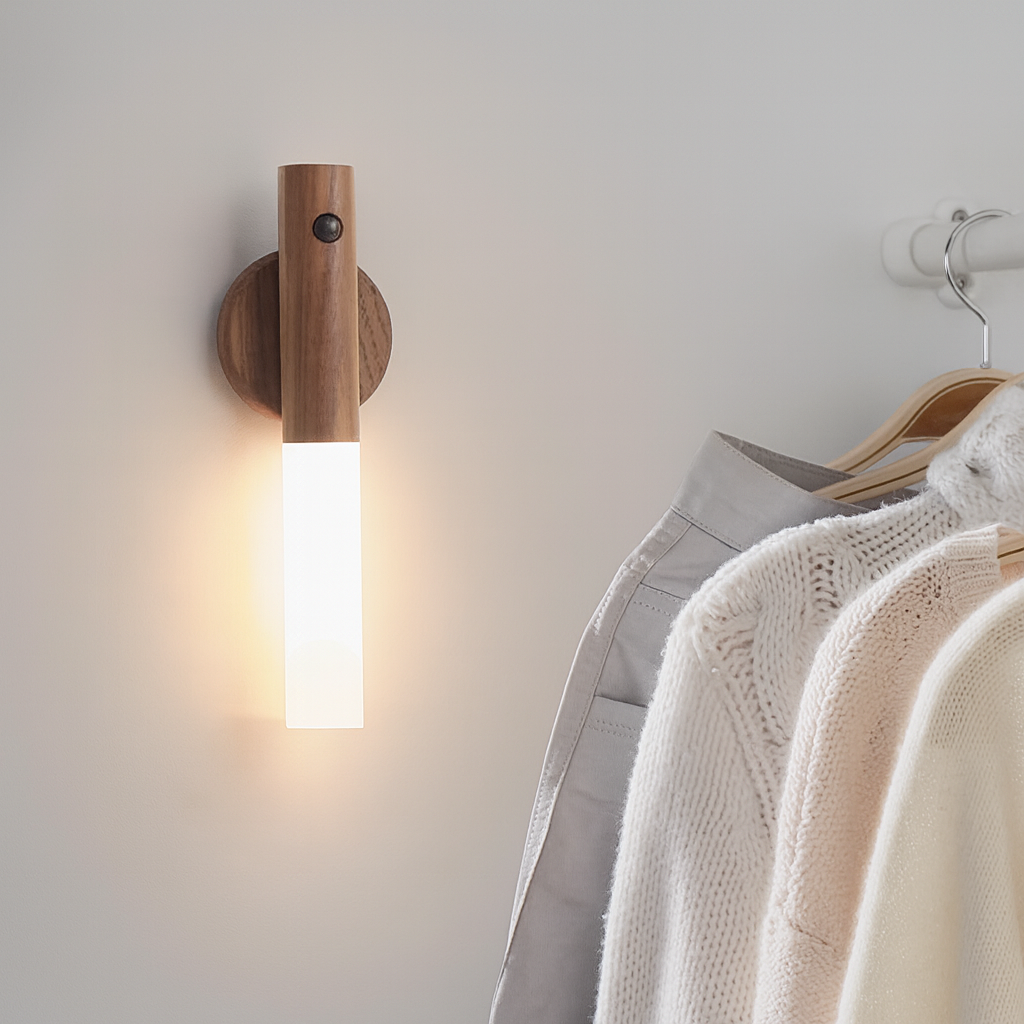 USB Motion Sensor Wall Lamp with wood accent acrylic diffuser 740 lm 500mAh battery