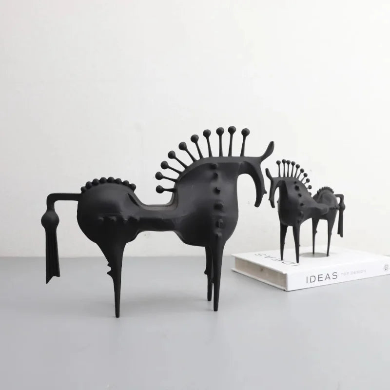 Equinox Metal Horse sculpture matte black cast metal spiked mane elongated legs available in 20cm and 27cm tabletop decor