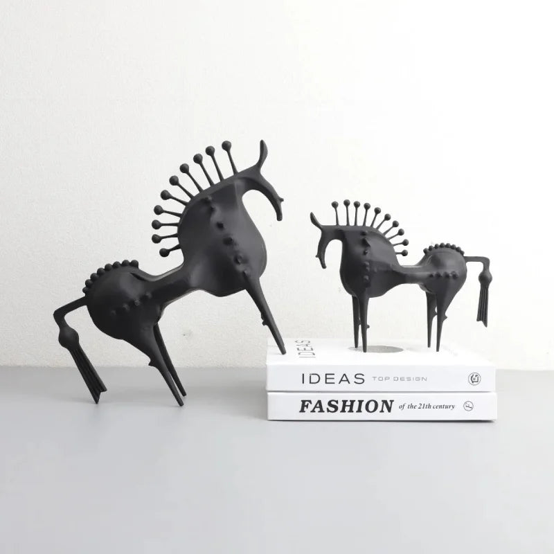 Black Metal Horse Sculpture Abstract Modern Animal Statue Bookshelf Decor Living Room Accent