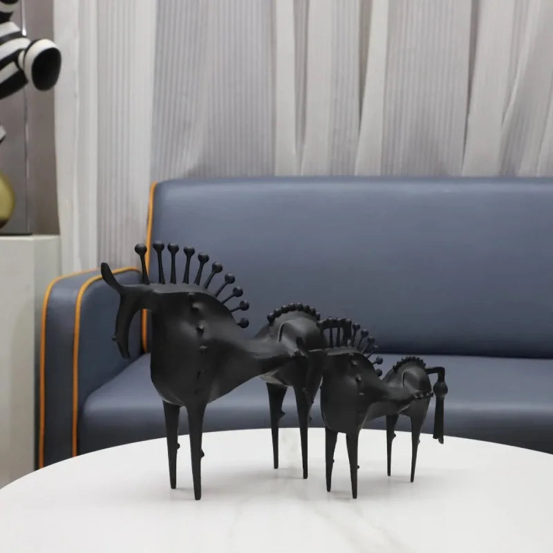 Black Metal Horse Sculpture Abstract Modern Animal Statue Bookshelf Decor Living Room Accent