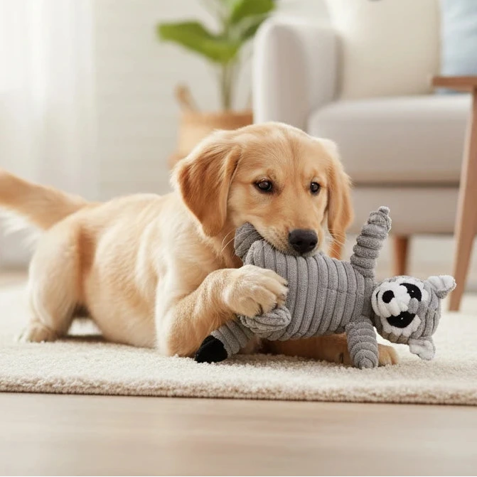 Plush corduroy squeaky dog toy animal shape durable chew toy for puppies and dogs