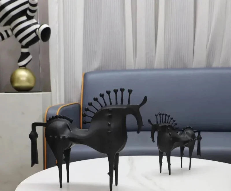 Black Metal Horse Sculpture Abstract Modern Animal Statue Bookshelf Decor Living Room Accent
