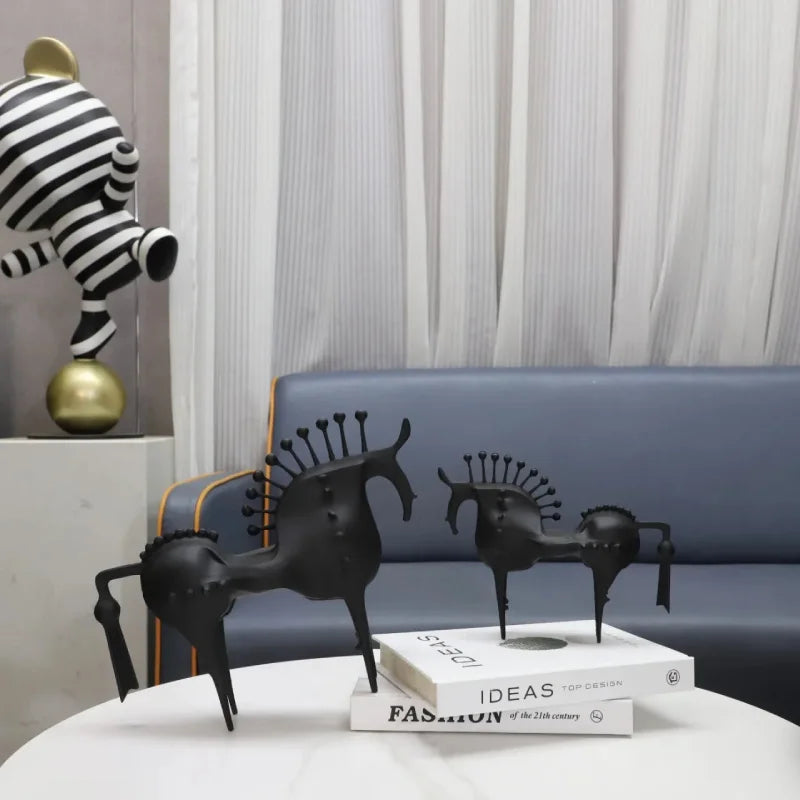 Black Metal Horse Sculpture Abstract Modern Animal Statue Bookshelf Decor Living Room Accent