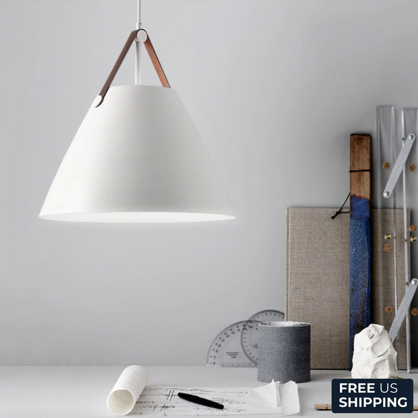 White Cone Pendant Light with Leather Strap