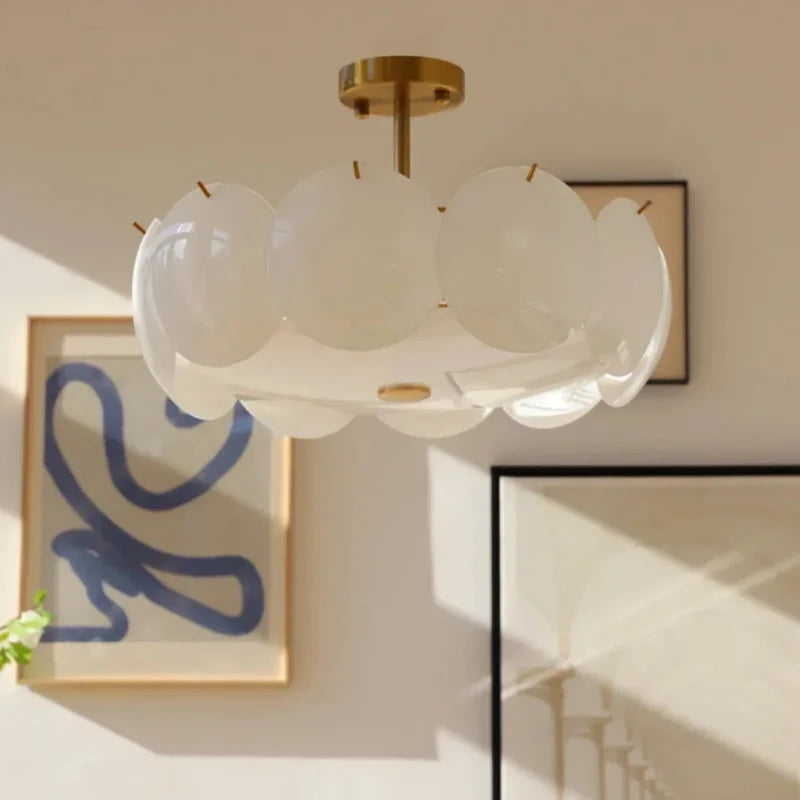 Aurora Shell Pendant Lamp overlapping cream-white glass discs semi-matte finish brushed brass hardware 50cm