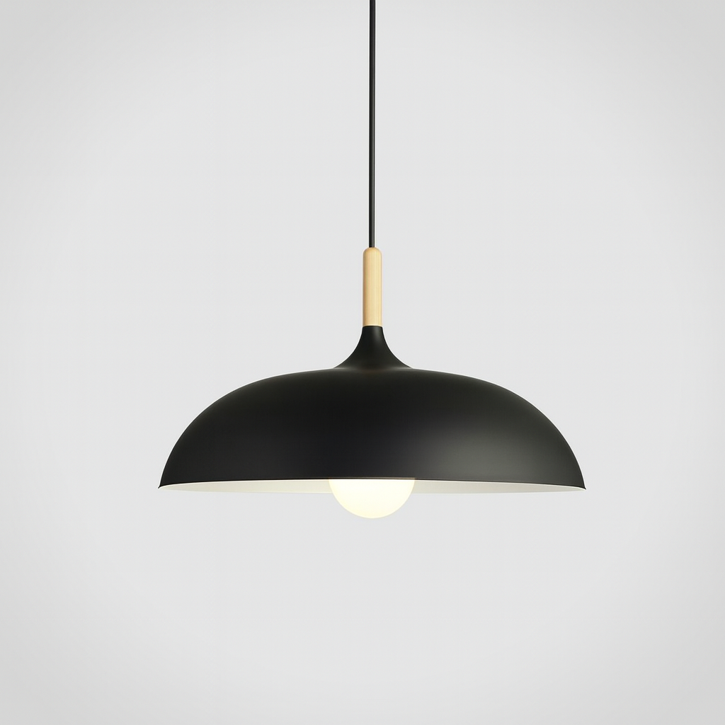 black pastel metal pendant light with wood detail – flat sphere shape