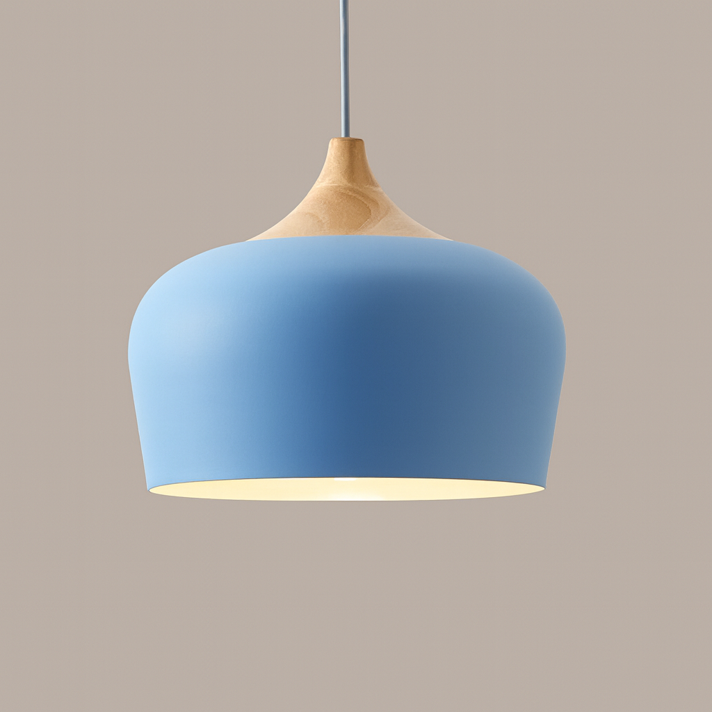blue metal pendant light with wood detail – dome shape