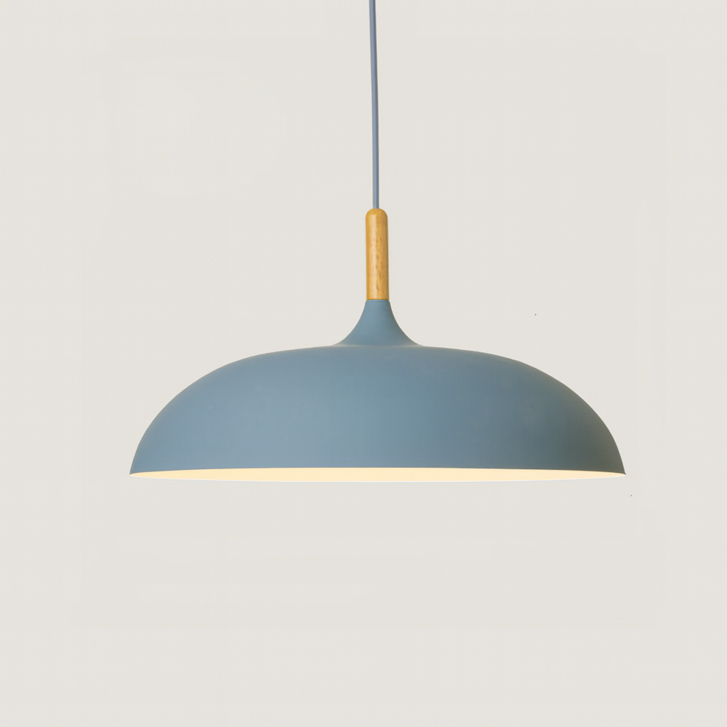 dusty blue pastel metal pendant light with wood detail – flat sphere shape
