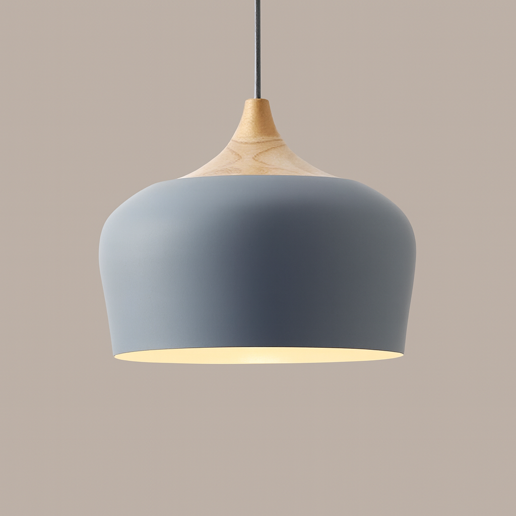 grey metal pendant light with wood detail – dome shape