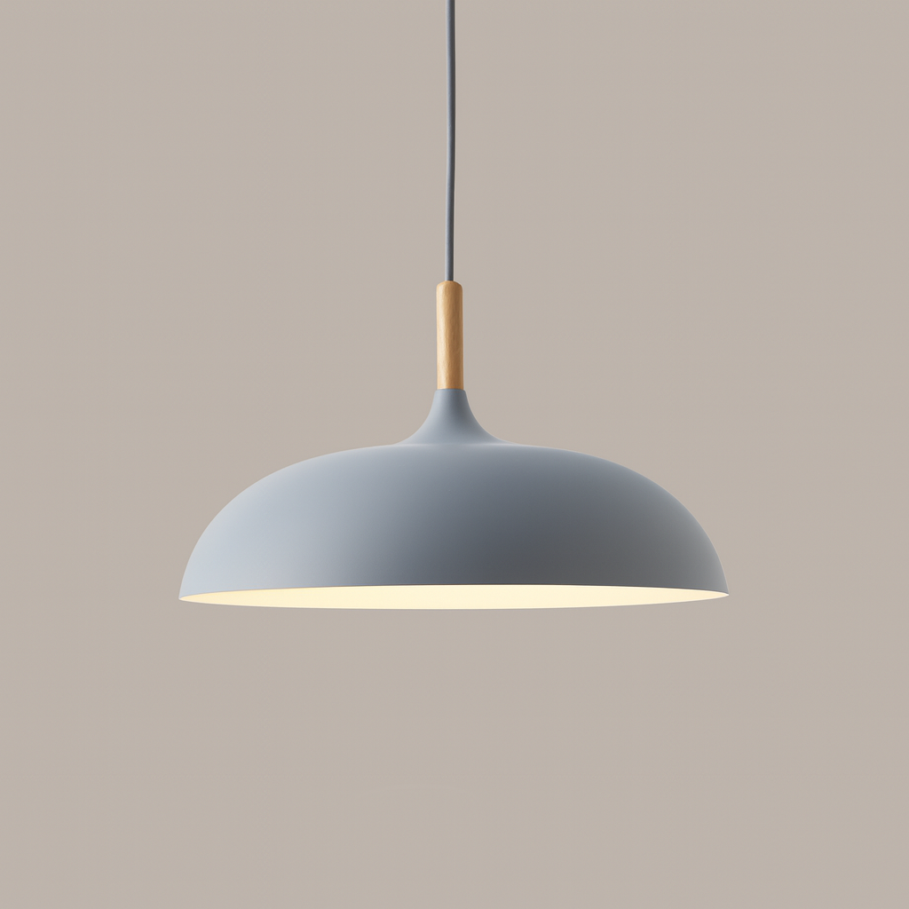 grey pastel metal pendant light with wood detail – flat sphere shape