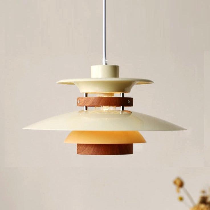 Kira Metal and Wood layered LED pendant with tiered aluminum shades and walnut wood accents in black finish