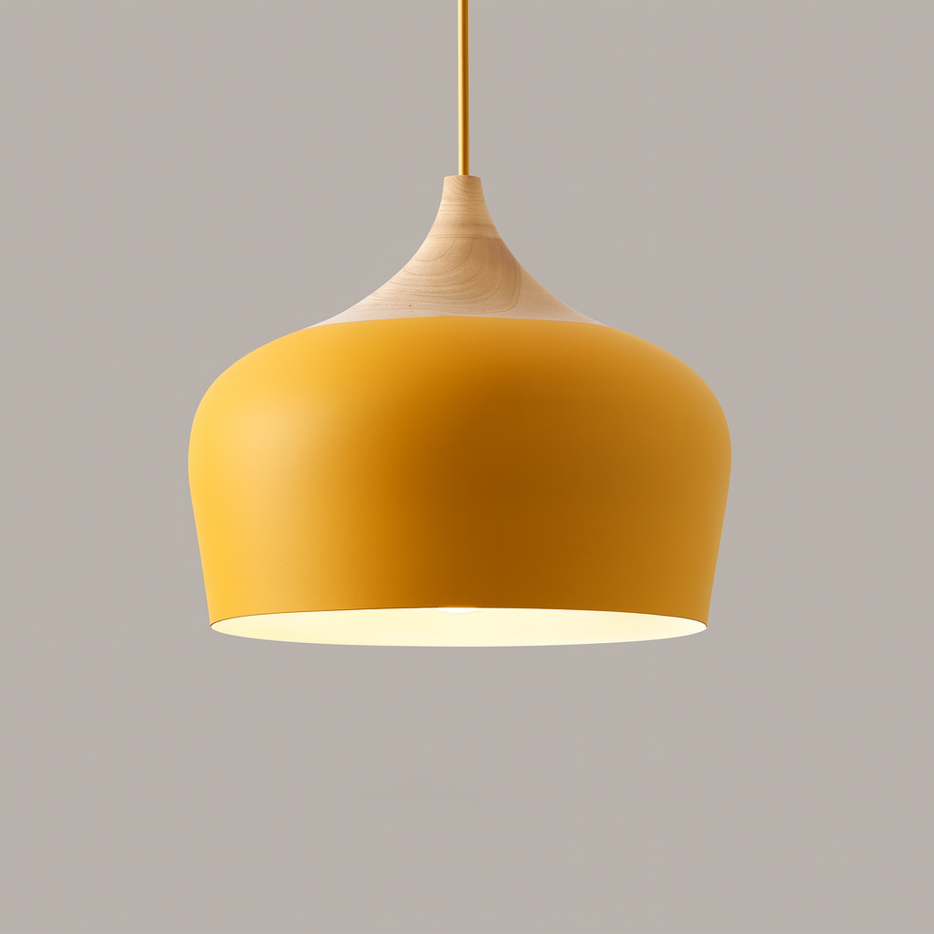 marigold metal pendant light with wood detail – dome shape