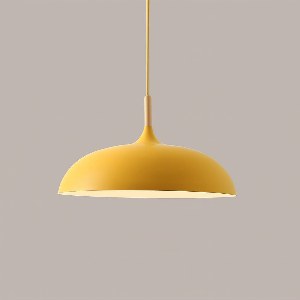 marigold pastel metal pendant light with wood detail – flat sphere shape