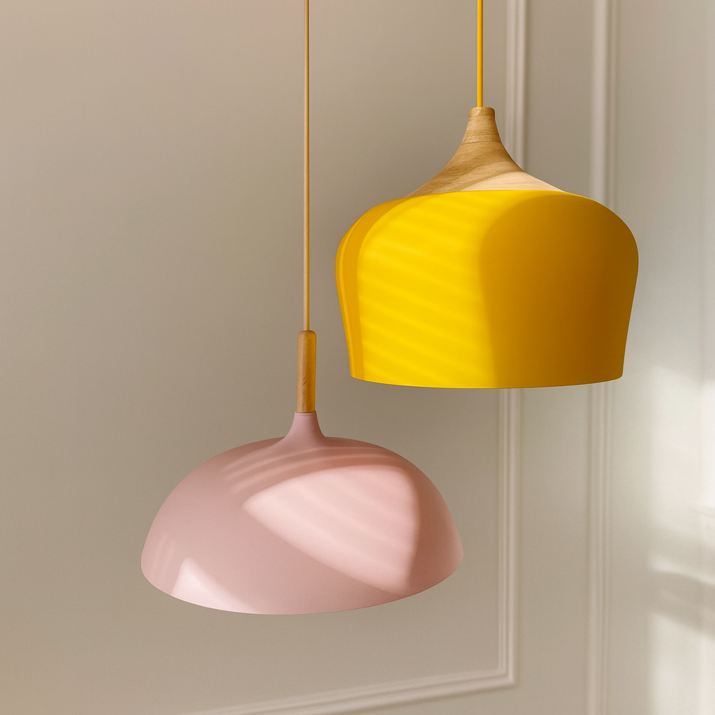 Soft Pastel Palette Pendant light painted aluminum shade with wood detail adjustable cord E26 base