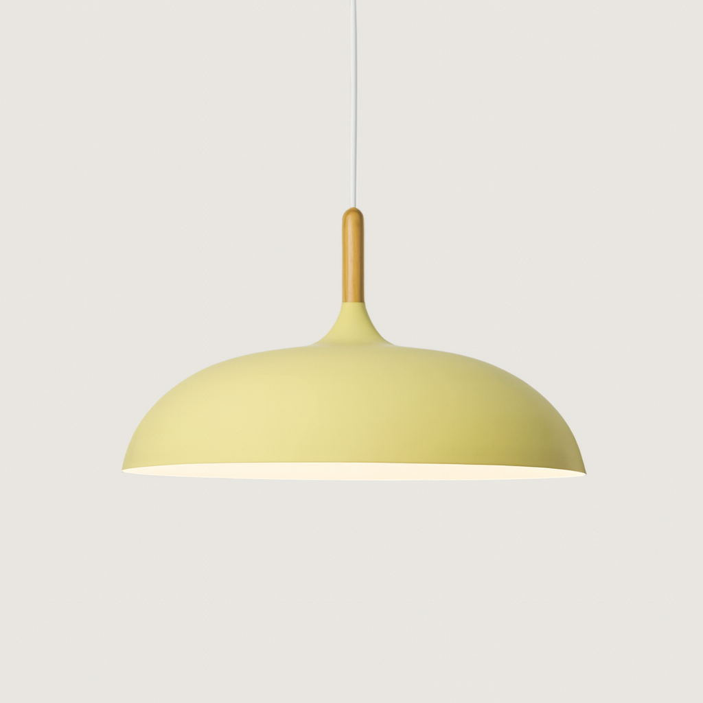 pastel yellow metal pendant light with wood detail – flat sphere shape
