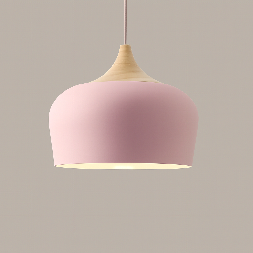pink metal pendant light with wood detail – dome shape
