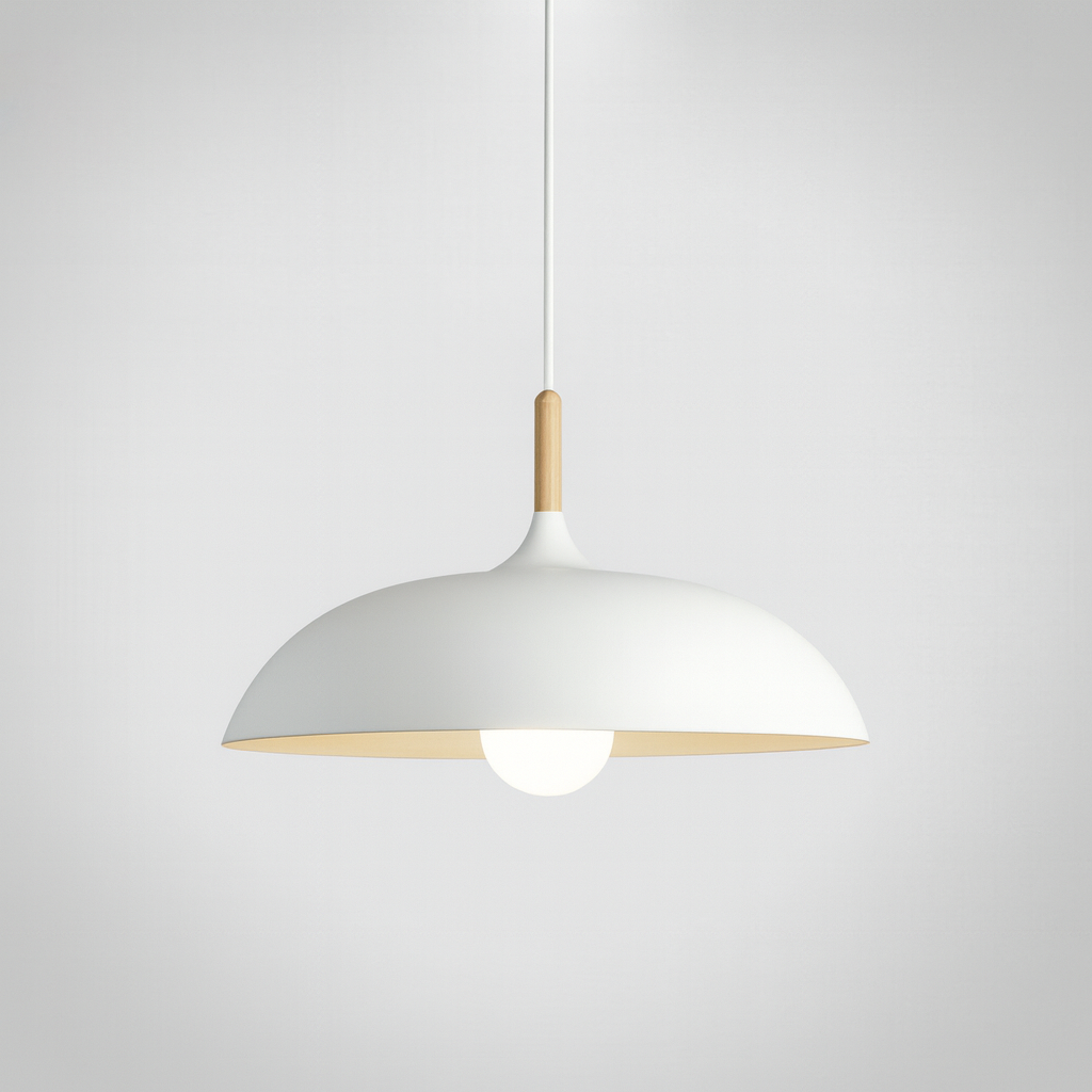 white pastel metal pendant light with wood detail – flat sphere shape