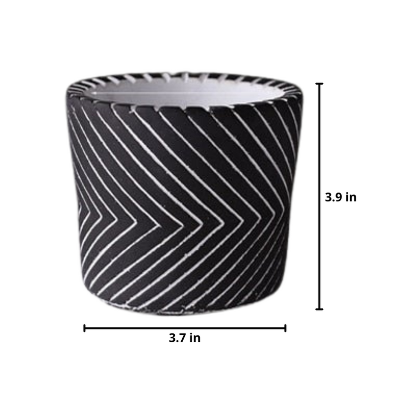 Round Chrome Plated Cement Minimalist Line Pattern Design Flower Pot With Holes Black