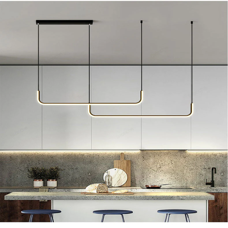 Alain Modern LED Line Chandelier linear LED bands painted iron frame Gold or Black adjustable cable 35-59in ceiling mount