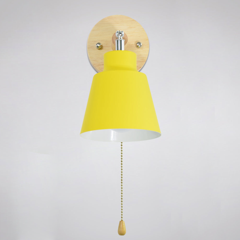 Claudia rotating wall sconce painted metal shade with wood backplate and gold tone pull chain 180° rotation