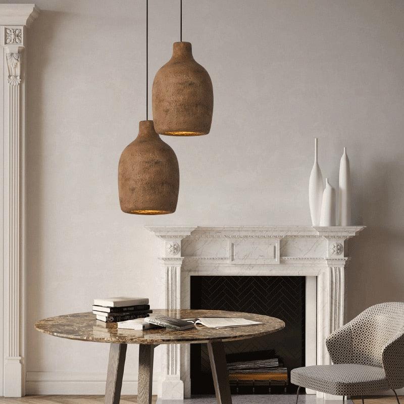 Cocoon Ceramic Resin Pendant Lamp brown grey opaque sculptural body D30cm H46cm iron finish adjustable 1.5m cord