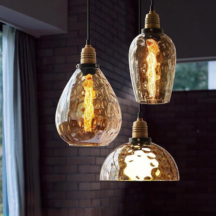 Coliseum Hammered Glass LED pendant in auburn with hammered glass dome iron canopy adjustable 1.5m cord E27 base