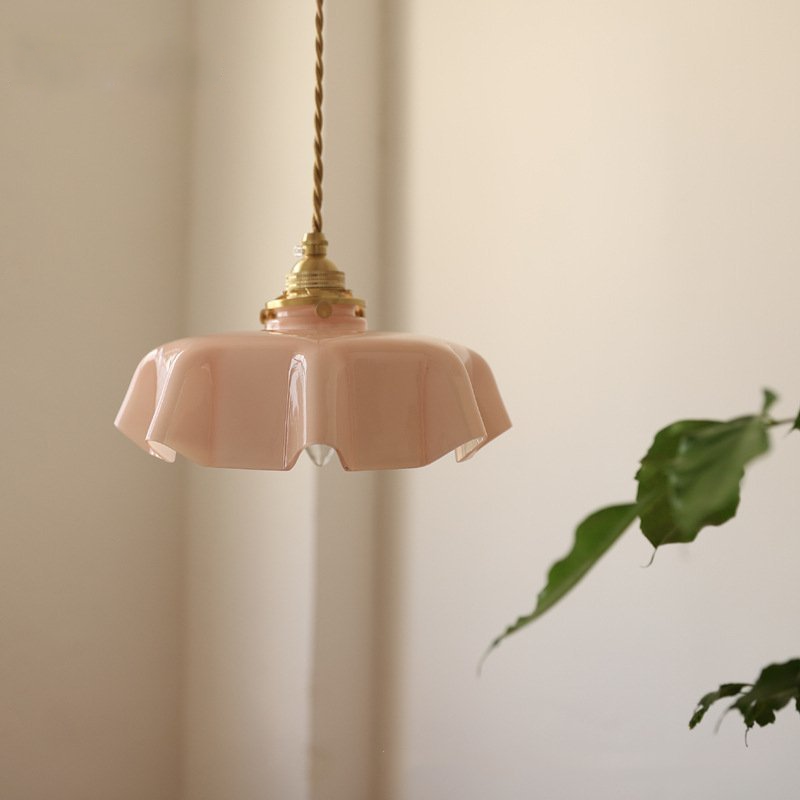 Draped Flower Retro Glass Pendant with 9.4in painted pastel shade white interior brass fittings adjustable cord