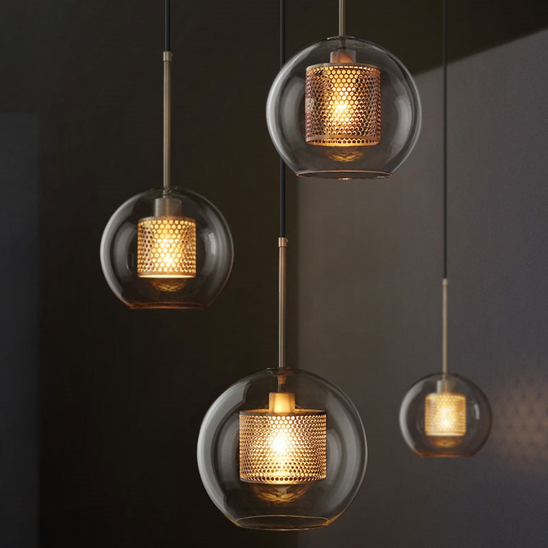 Honeycomb Glass & Metal Pendant Light clear glass orb with brass honeycomb inner cylinder electroplated finish adjustable cord