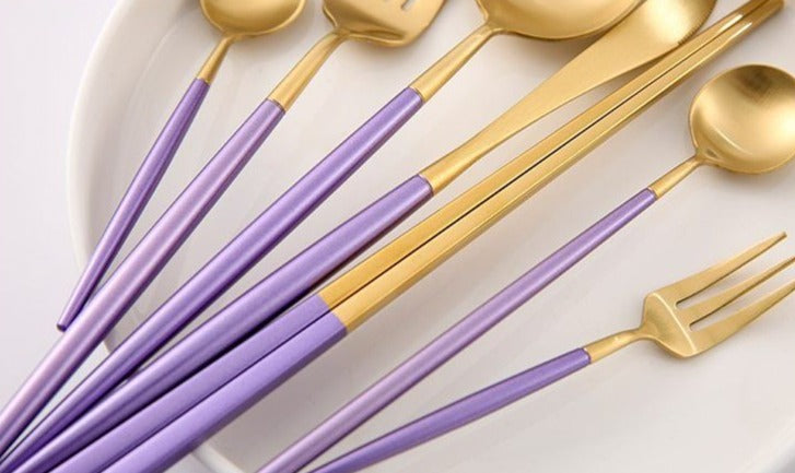 Stainless Steel Mirror Polish Finish Purple and Gold Cutlery Set