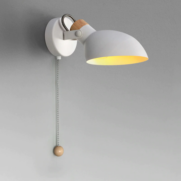 half sphere metal wood matte wall lamp with pull cord