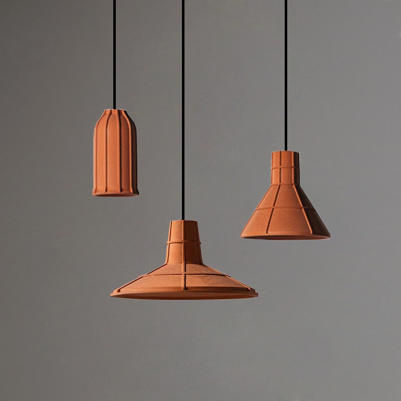 Terracotta Hut Cement Pendant Light burnt orange painted cement body with grid pattern iron canopy E27 socket