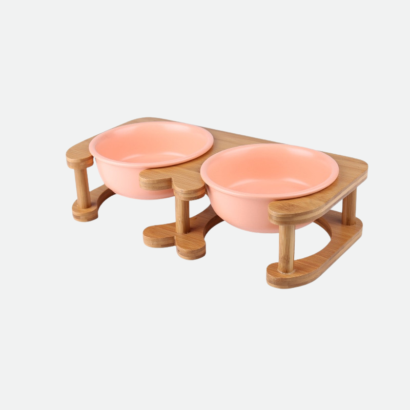Cat Wooden Double Bowl for Eating and Drinking