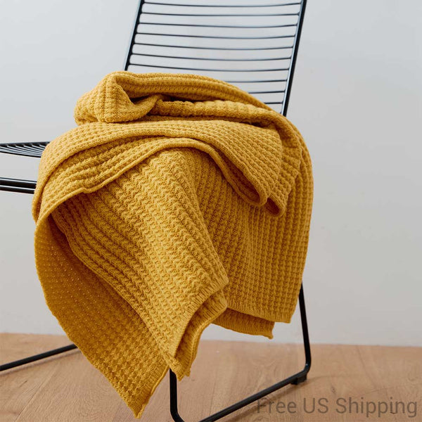 Acrylic Single Color Throw Blanket Knitted Design Mustard Yellow