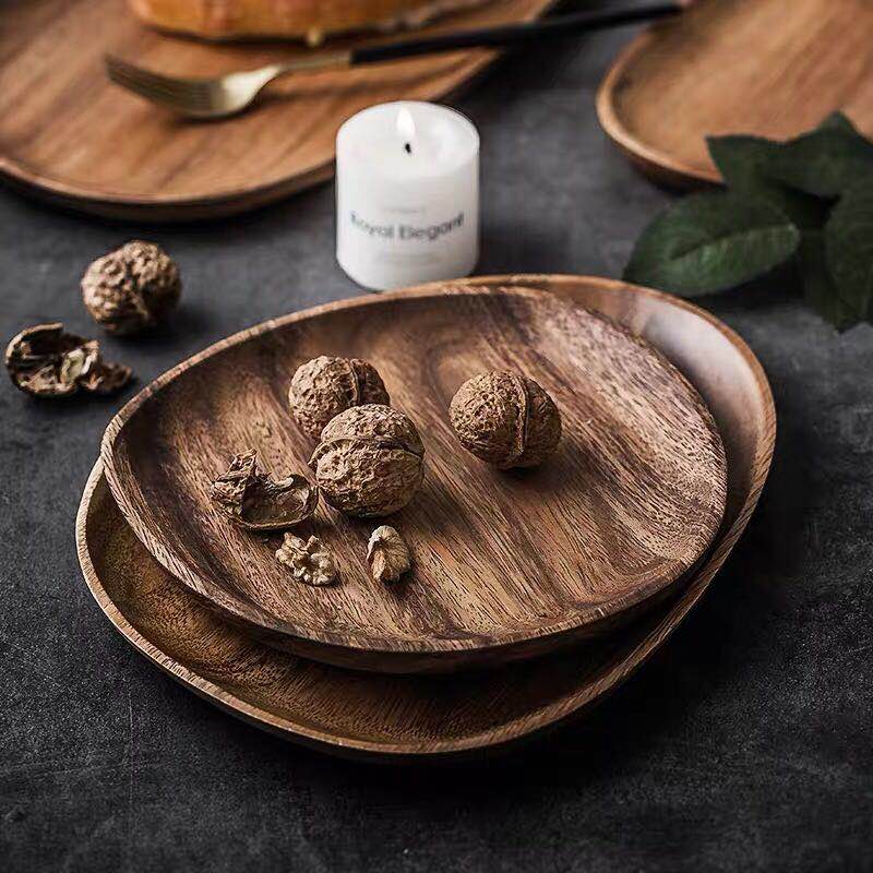 wide round walnut wood serving tray